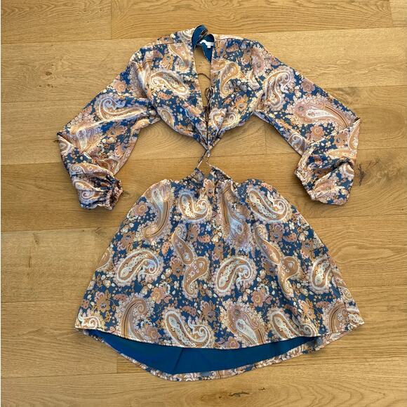 More To Come - Rosalinda Cut Out Long Sleeve Mini Dress in Blue & Orange - Picture 1 of 4